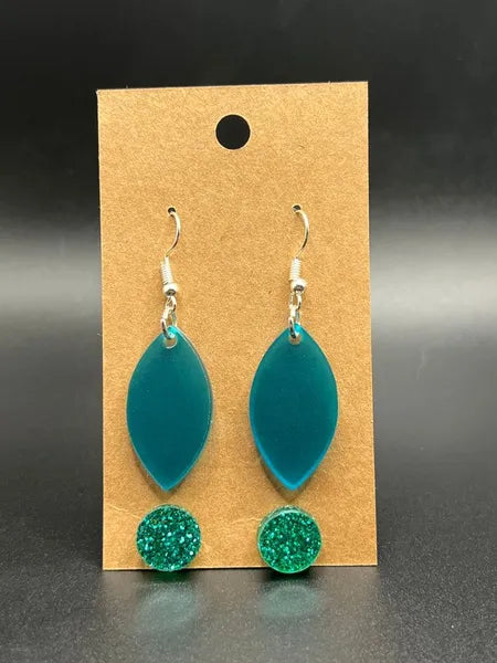 Teal Dangle and Glitter Stud Earring Set