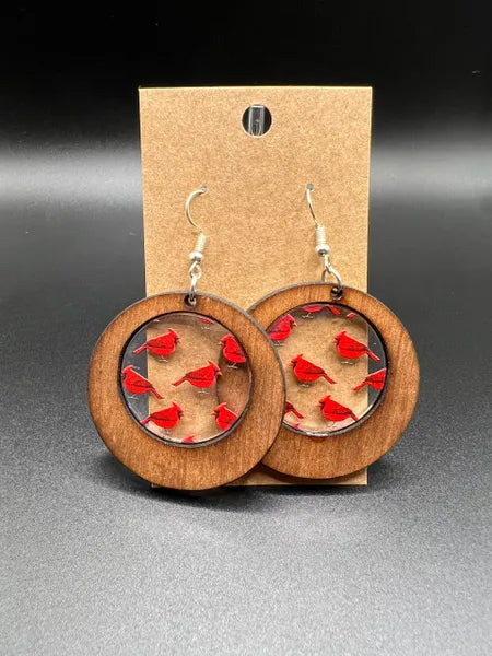 Wooden Earrings with Inlaid Cardinals