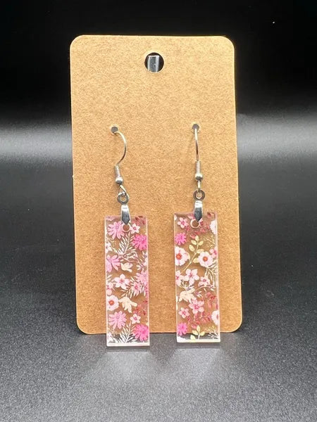 Pink flower rectangle earrings