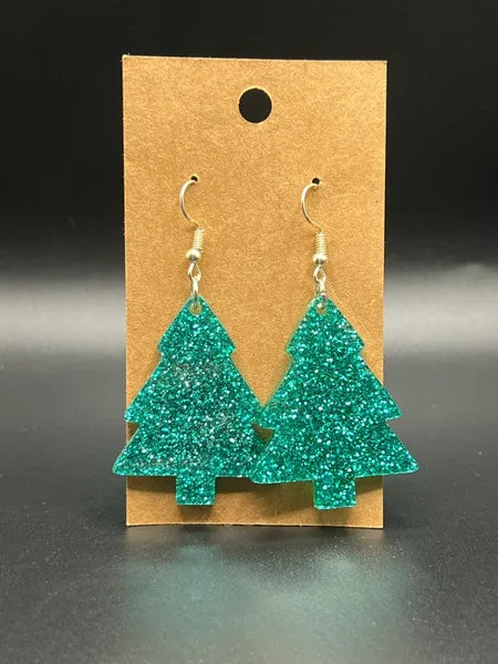 Green glitter tree earrings