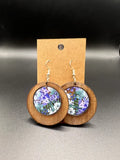 Wooden Earrings with inlaid Blue Flowers