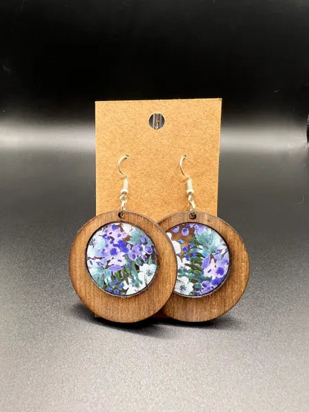 Wooden Earrings with inlaid Blue Flowers