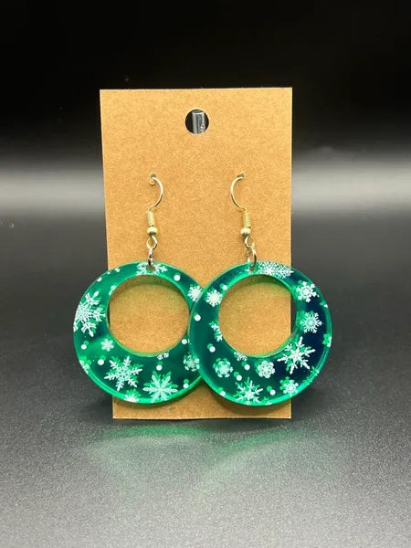Green round snowflake mirror earrings