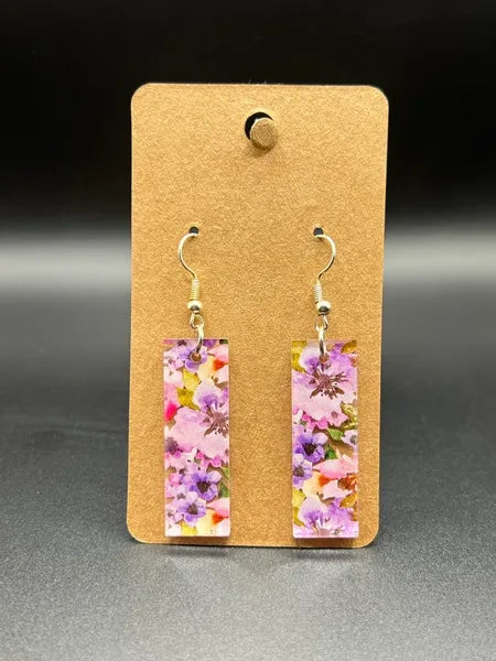 Purple flower rectangle earrings