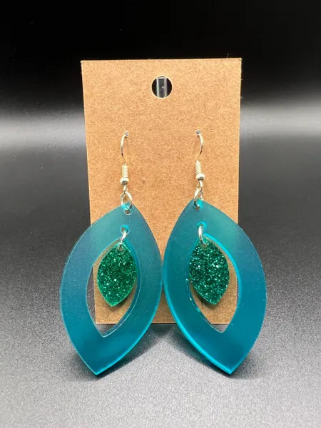 Teal and Glitter Dangle Earrings